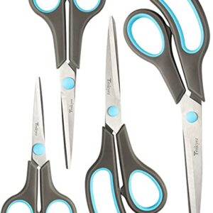 Teskyer Scissors Set of 4 Pack, 4 Sizes All-Purpose Stainless Steel Scissors with Comfort Soft Grip for Craft, School, Office and Family Daily Use, 9.6"/8.4"/6.3"/5.5", Blue & Grey