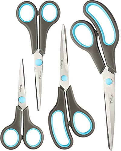 Teskyer Scissors Set of 4 Pack, 4 Sizes All-Purpose Stainless Steel Scissors with Comfort Soft Grip for Craft, School, Office and Family Daily Use, 9.6"/8.4"/6.3"/5.5", Blue & Grey