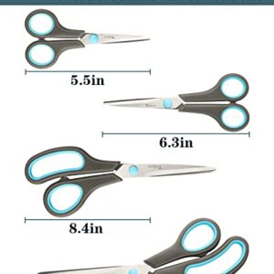 Teskyer Scissors Set of 4 Pack, 4 Sizes All-Purpose Stainless Steel Scissors with Comfort Soft Grip for Craft, School, Office and Family Daily Use, 9.6"/8.4"/6.3"/5.5", Blue & Grey