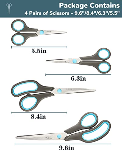 Teskyer Scissors Set of 4 Pack, 4 Sizes All-Purpose Stainless Steel Scissors with Comfort Soft Grip for Craft, School, Office and Family Daily Use, 9.6"/8.4"/6.3"/5.5", Blue & Grey