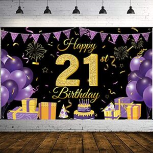 wiipenex happy 21st birthday backdrop banner 70.86” x 43.3” purple and black 21 years old boys girls birthday decorations party supplies sign poster background banners