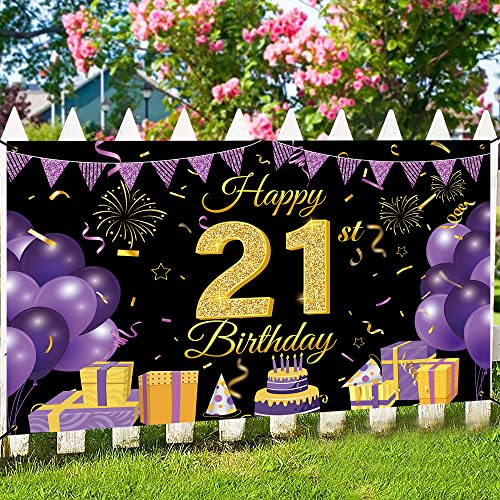 Wiipenex Happy 21st Birthday Backdrop Banner 70.86” x 43.3” Purple and Black 21 Years Old Boys Girls Birthday Decorations Party Supplies Sign Poster Background Banners