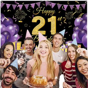 Wiipenex Happy 21st Birthday Backdrop Banner 70.86” x 43.3” Purple and Black 21 Years Old Boys Girls Birthday Decorations Party Supplies Sign Poster Background Banners