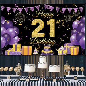 Wiipenex Happy 21st Birthday Backdrop Banner 70.86” x 43.3” Purple and Black 21 Years Old Boys Girls Birthday Decorations Party Supplies Sign Poster Background Banners