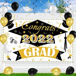 graduation banner for class of 2022 – graduation party supplies large 73” x 45” backdrop with 12pcs balloons 18pcs hanging swirls string graduation decorations kit congrats grad indoor outdoor