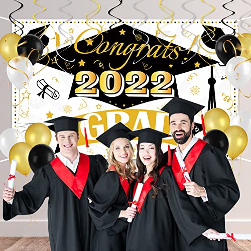 Graduation Banner for Class of 2022 - Graduation Party Supplies Large 73” x 45” Backdrop with 12pcs Balloons 18pcs Hanging Swirls String Graduation Decorations Kit Congrats Grad Indoor Outdoor