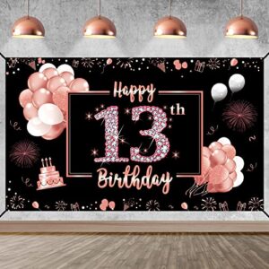 happy 13th birthday banner backdrop decorations for girls, rose gold 13 birthday sign poster party supplies, sweet 13 year old teenager birthday photo background decor for outdoor indoor