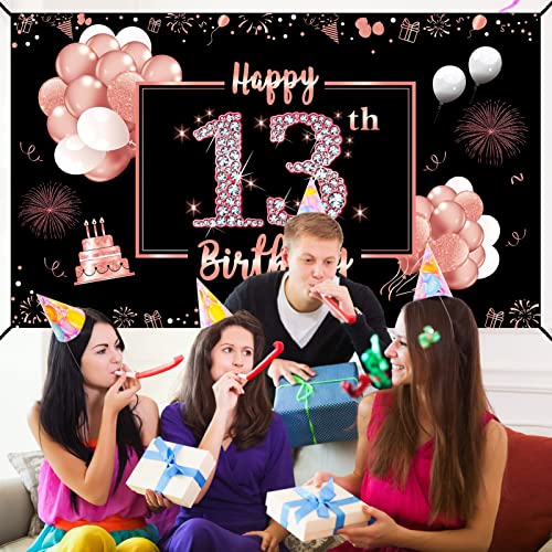 Happy 13th Birthday Banner Backdrop Decorations for Girls, Rose Gold 13 Birthday Sign Poster Party Supplies, Sweet 13 Year Old Teenager Birthday Photo Background Decor for Outdoor Indoor