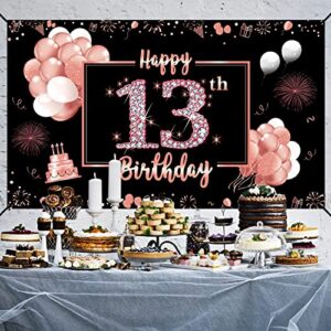 Happy 13th Birthday Banner Backdrop Decorations for Girls, Rose Gold 13 Birthday Sign Poster Party Supplies, Sweet 13 Year Old Teenager Birthday Photo Background Decor for Outdoor Indoor