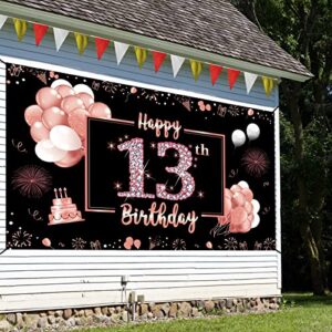 Happy 13th Birthday Banner Backdrop Decorations for Girls, Rose Gold 13 Birthday Sign Poster Party Supplies, Sweet 13 Year Old Teenager Birthday Photo Background Decor for Outdoor Indoor