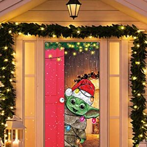 Funny Christmas Door Cover Cute Baby Yo-da Christmas Door Sign Banner Star Funny Wars Merry Christmas Door Decoration Santa Yo-da Christmas Backdrop for Door Wall Window 6.6 x 3 ft