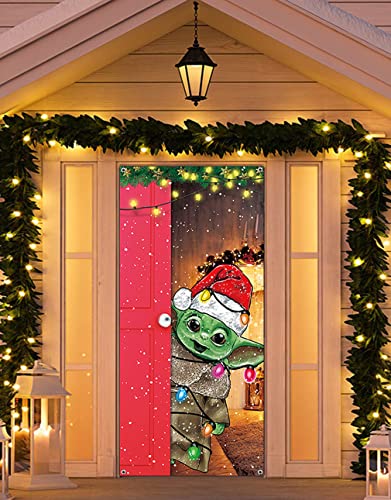 Funny Christmas Door Cover Cute Baby Yo-da Christmas Door Sign Banner Star Funny Wars Merry Christmas Door Decoration Santa Yo-da Christmas Backdrop for Door Wall Window 6.6 x 3 ft