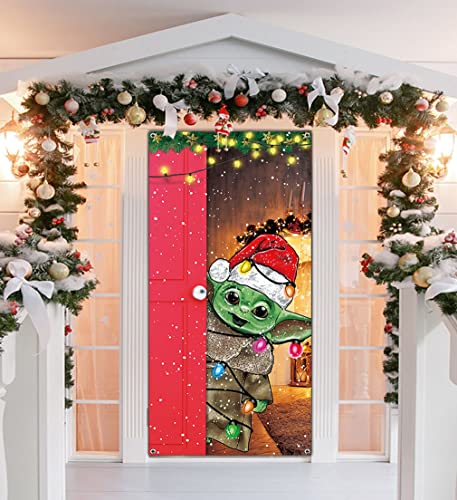 Funny Christmas Door Cover Cute Baby Yo-da Christmas Door Sign Banner Star Funny Wars Merry Christmas Door Decoration Santa Yo-da Christmas Backdrop for Door Wall Window 6.6 x 3 ft