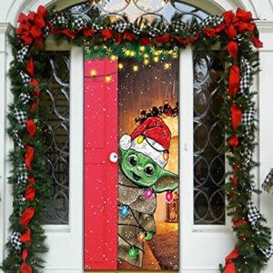 Funny Christmas Door Cover Cute Baby Yo-da Christmas Door Sign Banner Star Funny Wars Merry Christmas Door Decoration Santa Yo-da Christmas Backdrop for Door Wall Window 6.6 x 3 ft