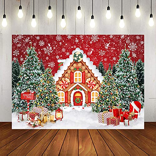 Mocsicka Christmas House Backdrop Christmas Candy House Snowflake Wonderland Pine Tree Photography Background for Kids Vinyl Cookie Exchange Kids Theme Birthday Party Decoration Banner (7x5ft)