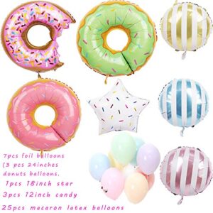 foci cozi,58PCS Donut Birthday Party Set Decorations Kit-Donut Grow Up Banner Mylar Foil,Latex Balloons Cupcake,Cake DIY Toppers for Donut Birthday Party Decorations.