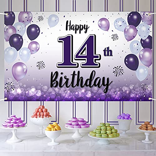 LASKYER Happy 14th Birthday Purple Large Banner - Cheers to Fourteen Years Old Birthday Home Wall Photoprop Backdrop,14th Birthday Party Decorations.