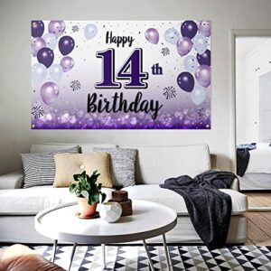 LASKYER Happy 14th Birthday Purple Large Banner - Cheers to Fourteen Years Old Birthday Home Wall Photoprop Backdrop,14th Birthday Party Decorations.