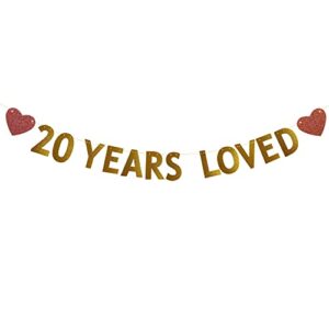 20 years loved banner for 20th birthday /wedding anniversary party decorations supplies, pre-strung, no assembly required, gold glitter paper garlands banner, letters gold, betteryanzi