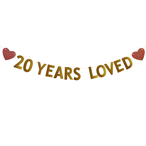 20 YEARS LOVED Banner for 20th Birthday /Wedding Anniversary Party Decorations Supplies, Pre-strung, No Assembly Required, Gold Glitter Paper Garlands Banner, Letters Gold, Betteryanzi