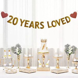 20 YEARS LOVED Banner for 20th Birthday /Wedding Anniversary Party Decorations Supplies, Pre-strung, No Assembly Required, Gold Glitter Paper Garlands Banner, Letters Gold, Betteryanzi