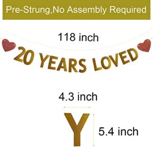 20 YEARS LOVED Banner for 20th Birthday /Wedding Anniversary Party Decorations Supplies, Pre-strung, No Assembly Required, Gold Glitter Paper Garlands Banner, Letters Gold, Betteryanzi