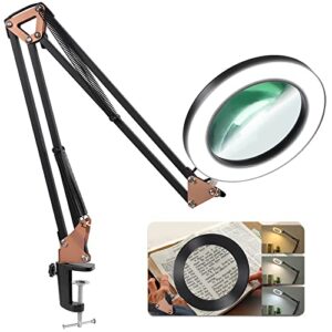 lancosc magnifying glass with light and stand, 5x 5 inches real glass lens, 3 color modes stepless dimmable led desk lamp, adjustable arm lighted magnifier light for reading repair crafts – black gold