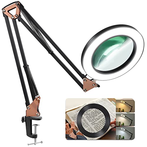 LANCOSC Magnifying Glass with Light and Stand, 5X 5 Inches Real Glass Lens, 3 Color Modes Stepless Dimmable LED Desk Lamp, Adjustable Arm Lighted Magnifier Light for Reading Repair Crafts - Black Gold