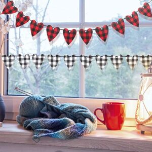 2 Pieces Valentine's Day Bunting Banner Buffalo Plaid Heart Garland Sign Valentines Check Fabric Love Banner for Valentine's Day Wedding Home Office Mantle Fireplace Holiday Decoration (Classic Color)