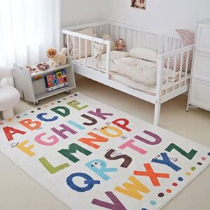 luxixiry abc alphabet kids rug, cotton soft plush play mat for playroom bedroom living room playmat home décor (white, 2.6′ x 3.9′)