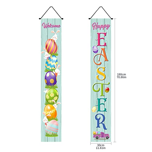 Easter Porch Banner, Front Door Hanging Banners Flags Welcome Happy Easter Day Eggs Gnome Bunny Party Decor Porch Sign,Twill Fabric Wall Decoration for Indoor Outdoor Home Yard Farmhouse (A)