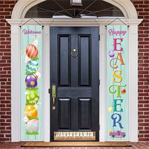 Easter Porch Banner, Front Door Hanging Banners Flags Welcome Happy Easter Day Eggs Gnome Bunny Party Decor Porch Sign,Twill Fabric Wall Decoration for Indoor Outdoor Home Yard Farmhouse (A)