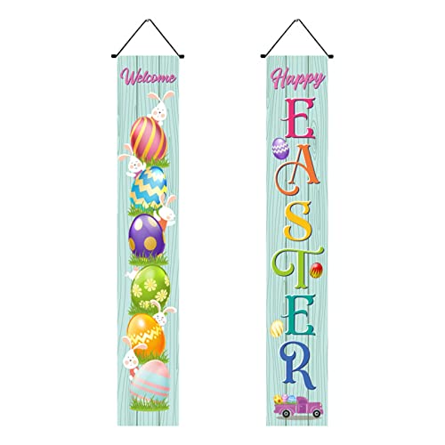 Easter Porch Banner, Front Door Hanging Banners Flags Welcome Happy Easter Day Eggs Gnome Bunny Party Decor Porch Sign,Twill Fabric Wall Decoration for Indoor Outdoor Home Yard Farmhouse (A)