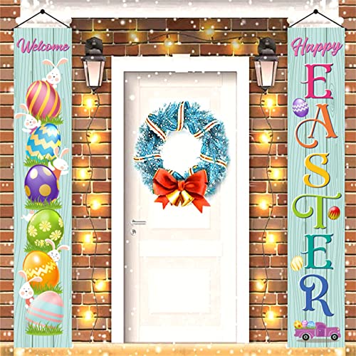 Easter Porch Banner, Front Door Hanging Banners Flags Welcome Happy Easter Day Eggs Gnome Bunny Party Decor Porch Sign,Twill Fabric Wall Decoration for Indoor Outdoor Home Yard Farmhouse (A)