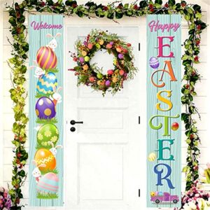 Easter Porch Banner, Front Door Hanging Banners Flags Welcome Happy Easter Day Eggs Gnome Bunny Party Decor Porch Sign,Twill Fabric Wall Decoration for Indoor Outdoor Home Yard Farmhouse (A)