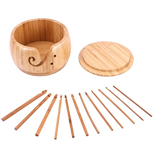 fayle Bamboo Needles Set, Yarn Bowl Holder with 12 pcs Bamboo Crochet Hook & Lid for Knitting Crocheting DIY Arts Crafts(Brown)