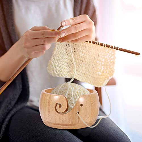 fayle Bamboo Needles Set, Yarn Bowl Holder with 12 pcs Bamboo Crochet Hook & Lid for Knitting Crocheting DIY Arts Crafts(Brown)