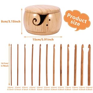 fayle Bamboo Needles Set, Yarn Bowl Holder with 12 pcs Bamboo Crochet Hook & Lid for Knitting Crocheting DIY Arts Crafts(Brown)