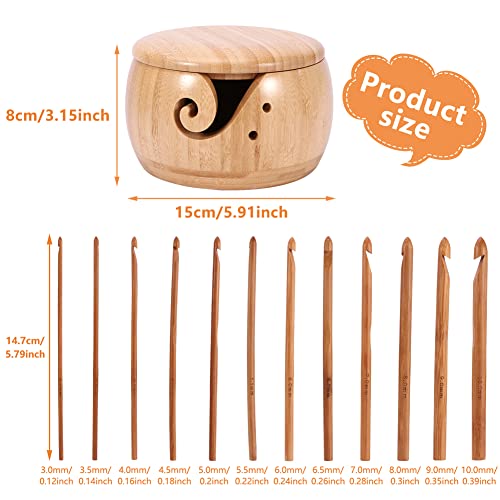 fayle Bamboo Needles Set, Yarn Bowl Holder with 12 pcs Bamboo Crochet Hook & Lid for Knitting Crocheting DIY Arts Crafts(Brown)