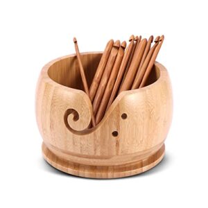 fayle Bamboo Needles Set, Yarn Bowl Holder with 12 pcs Bamboo Crochet Hook & Lid for Knitting Crocheting DIY Arts Crafts(Brown)