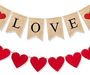 Uniwish Love Burlap Banner Valentines Day Decorations Garland Hearts Hanging Ornaments Wedding Engagement Anniversary Photo Props Indoor Outdoor Valentines Decor