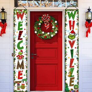 whoville christmas decorations, welcome to whoville banner, green monster door banner welcome porch sign, the green monster whoville decorations for outdoor indoor merry christmas tineit