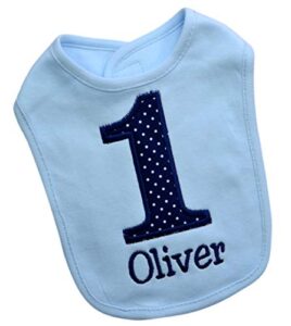 first birthday smash bib for baby boy turning 1 with custom embroidered name (blue & white dot)