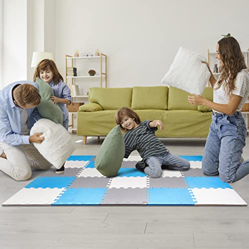 24 Pcs Baby Play Mat Kids Toddler Playmat Soft Foam Mats for Floor Baby Squares Floor Pads for Babies EVA Interlocking Foam Floor Mats for Baby Puzzle Play Mats Tiles for Gym Home (White, Grey, Blue)