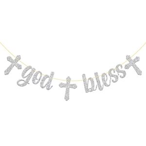 monmon & craft god bless banner / baby shower party decor / baby shower / first communion / baptisim christening party decorations silver glitter