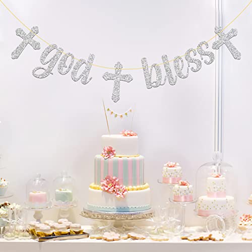 MonMon & Craft God Bless Banner / Baby Shower Party Decor / Baby Shower / First Communion / Baptisim Christening Party Decorations Silver Glitter