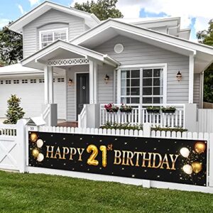 kimini-ki happy 21st birthday banner, lager 21st birthday banner backdrops, 21st years old decor, 21st birthday party decorations for boys or girls – black and gold (21st)