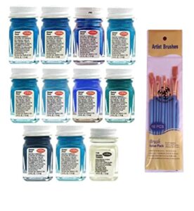 testors blue enamel paint variety, blue, dark blue, metal flake blue, sea blue, light blue, sky blue, artic blue metallic, blue fluorescent, turquoise, teal, and thinner 1/4 oz (pack of 11) – with myd paint brushes