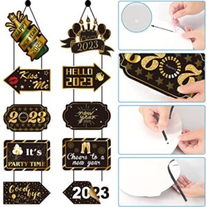 Happy New Year Door Signs, Black Gold 2023 Happy New Year Hanging Porch Sign Decorations 2023 Welcome Door Banner for New Year Eve Party Supplies