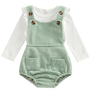 Mubineo Baby Girl Basic Plain Ruffle Long Sleeve T Shirt Corduroy Overalls Cute Clothes Outfits (White Green, 0-6 Months)